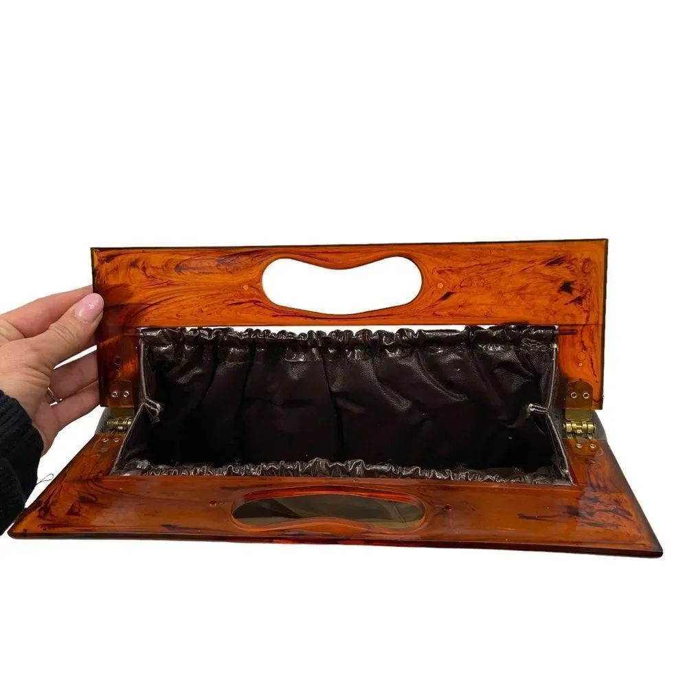Vintage Brown Vinyl Faux Leather Clutch with Tortoiseshell Plastic‎ Handle 60s